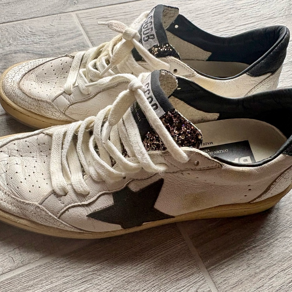 Golden Goose Cream and Black Star Glitter Tongue Sneakers Ballstars size 8